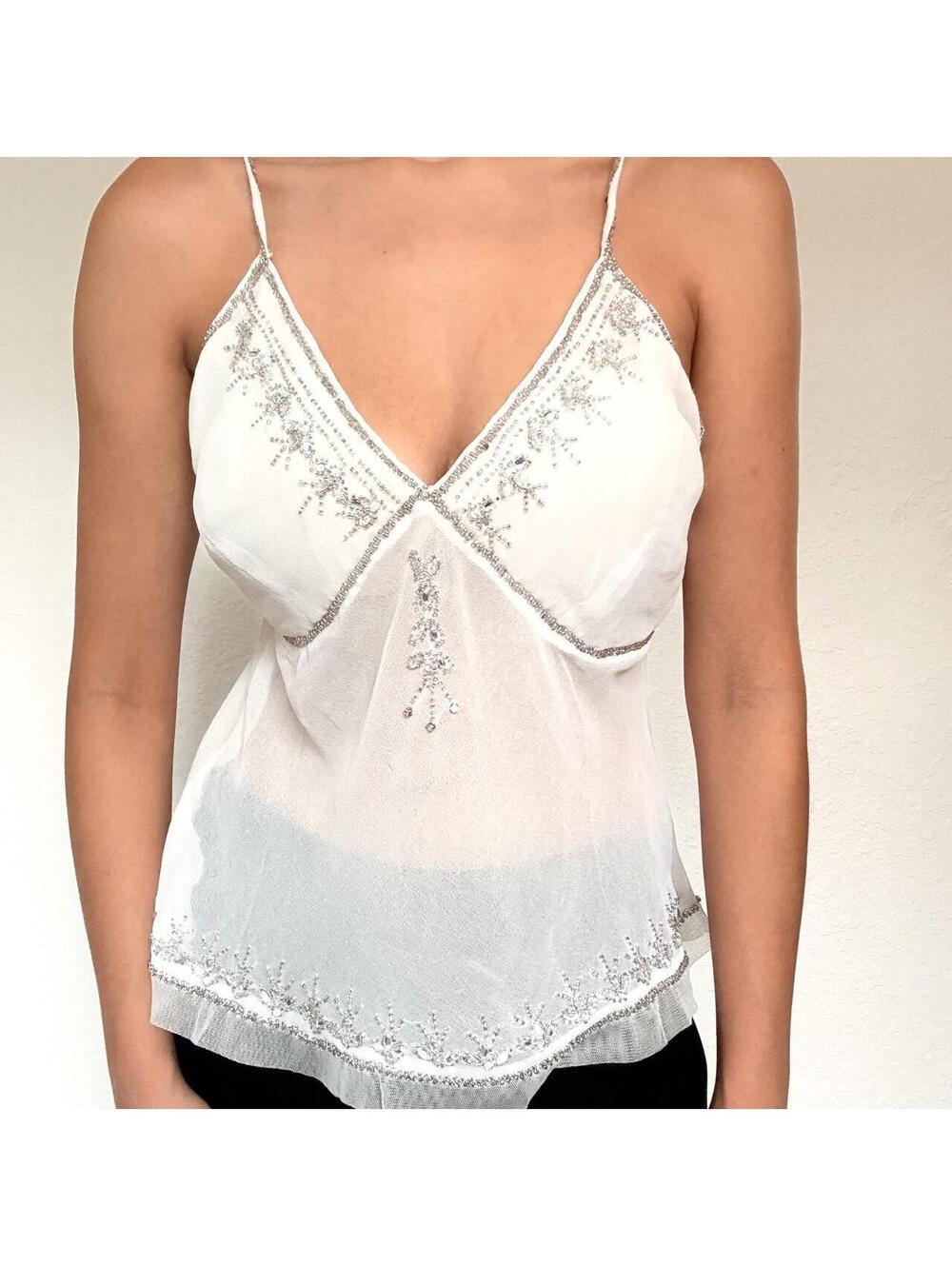 NWOT Deadstock Y2K white beaded rayon cami top